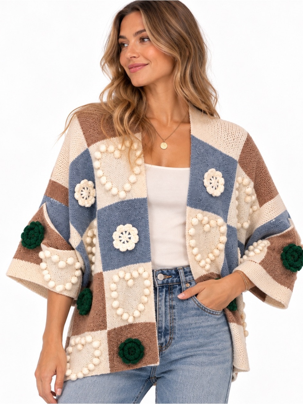 POL Patchwork Crochet Flower Heart Oversized Cardigan Sweater Size L